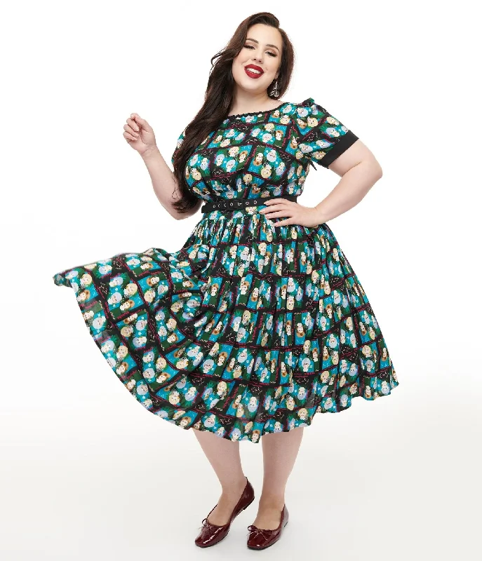 Shop Our Looks The Golden Girls x Unique Vintage Plus Size Black & Blue The Golden Girls Print Swing Dress