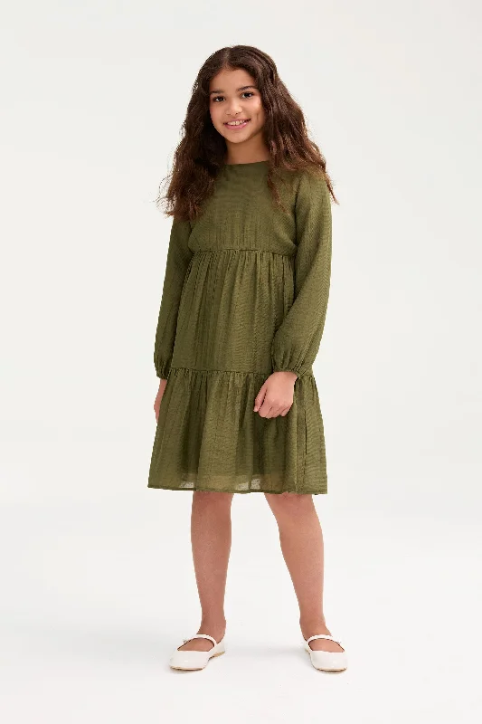 Don't Miss Out Mila Tiered Dress - Olive Green (Girls)