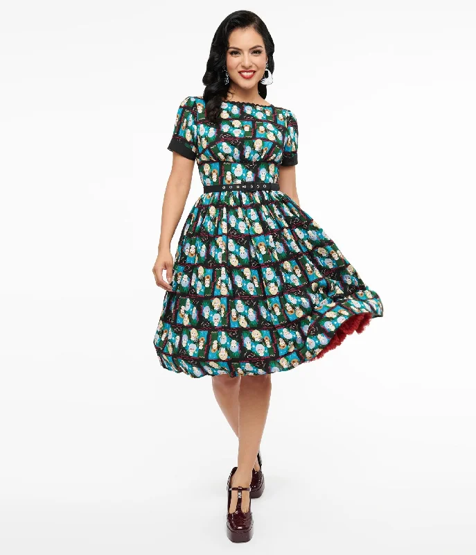 Seasonal Picks The Golden Girls x Unique Vintage Black & Blue The Golden Girls Print Swing Dress