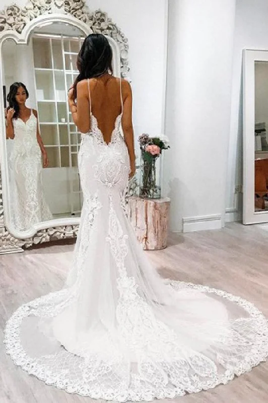 Style Streetwear Roycebridal Gorgeous White Spaghetti Straps Lace Tulle Mermaid Court Train Wedding Dresses, MW239