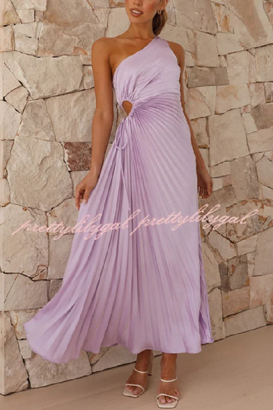 Fashionable Casual Tops Charming One Shoulder Lace Up Cutout Pleated Maxi Dress