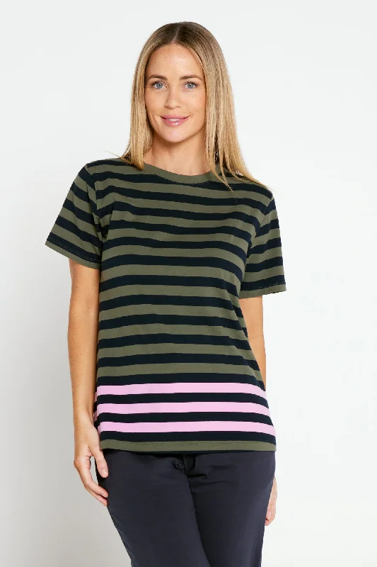 Casual Fashion for Women Turn Back Short Sleeve Tee - Navy/Khaki Stripe