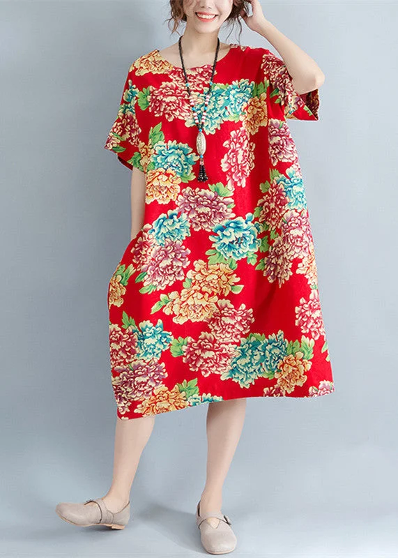 Insane Discount Onslaught boutique red floral Midi-length linen dress plus size linen clothing dresses casual o neck short sleeve linen cotton dress