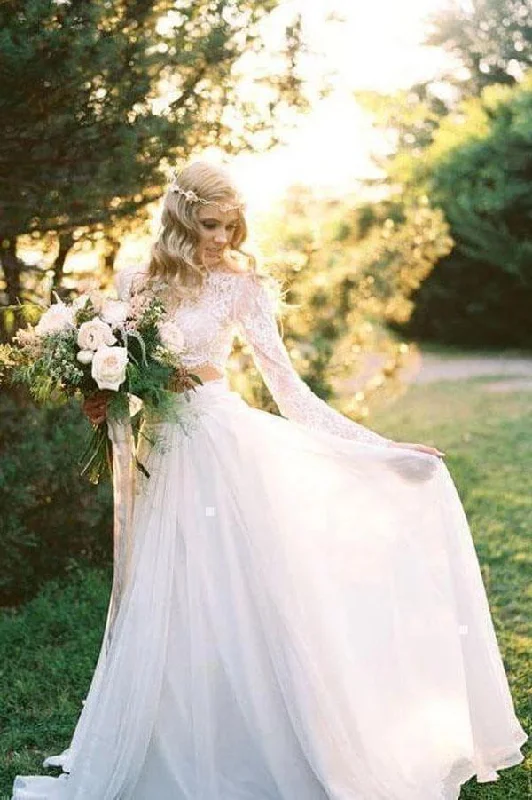 Comfortable Clothes Roycebridal Romantic Ivory Chiffon Two Piece Long Sleeves Wedding Dresses with Lace, MW521