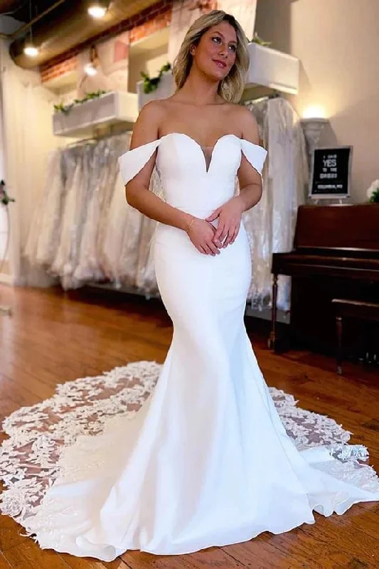 Boutique Dress Online Roycebridal White Mermaid Satin Lace Off Shoulder Wedding Dresses With Train, MW868