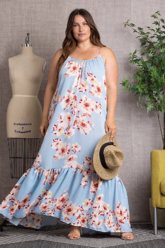 Casual Fashion Trends for Women ORCHID FLORAL CRISS-CROSS BACK RUFFLED HEM PLUS SIZE MAXI DRESS 101DX