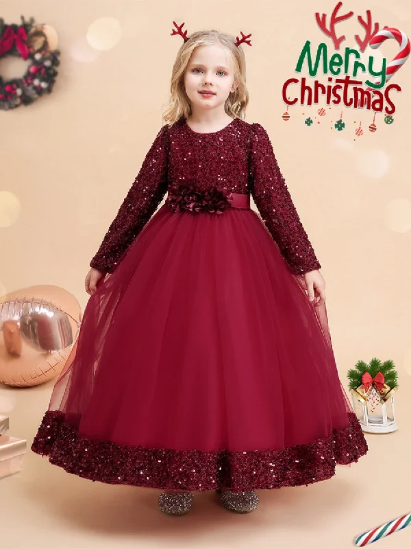 Stupidly Low Prices Ball Gown Scoop Long Sleeves Sequined Christmas Dresses for Girls