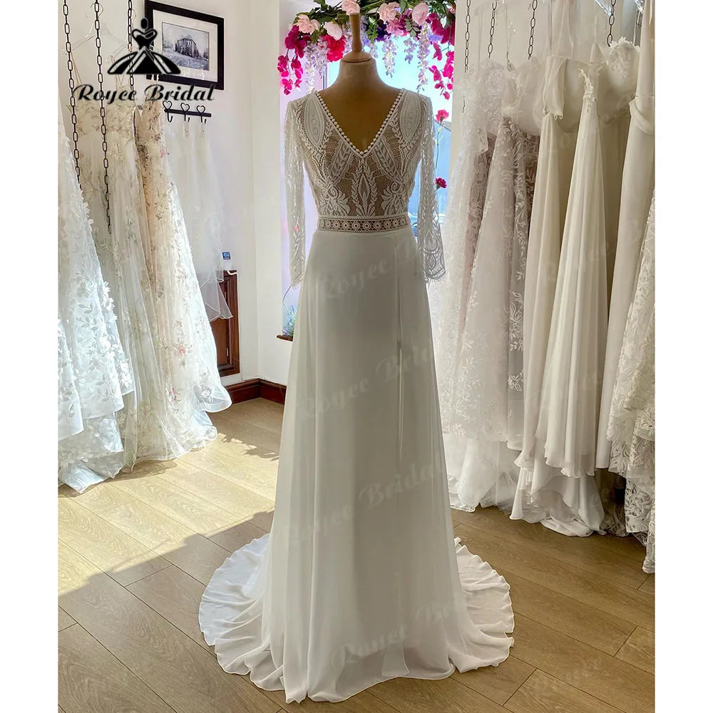Summer Sale Vestido Novia V Neck Lace Bodice Boho Bohemian Beach Split Side Wedding Gown for Bride  Wedding Dress for Women Roycebridal