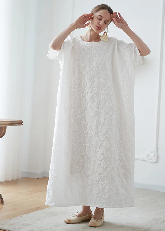 Casual Clothes For Women French White O Neck Jacquard Cotton Robe Vacation Dresses Summer Casual Clothes For Women French White O Neck Jacquard Cotton Robe Vacation Dresses Summer