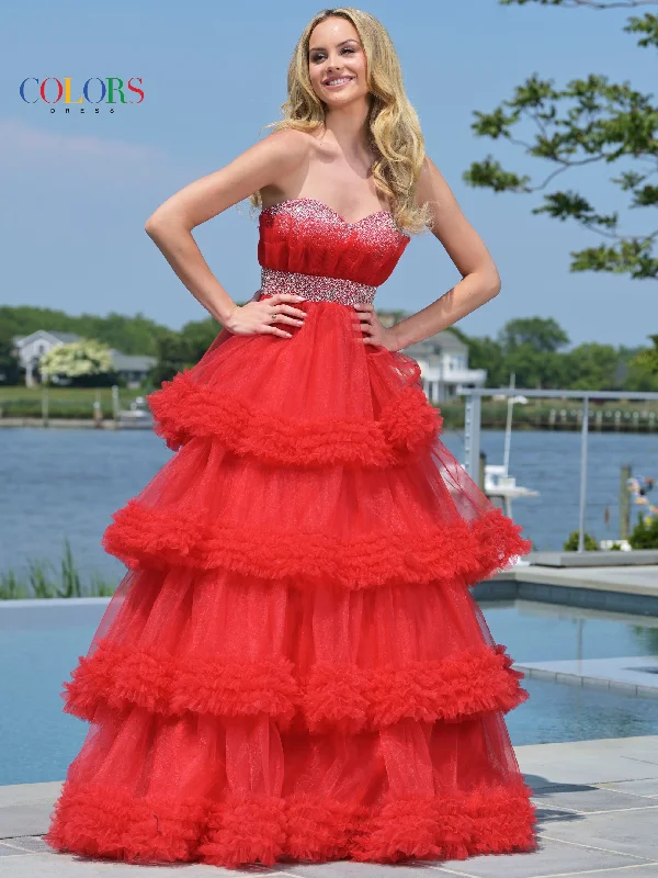 Trend Forward Threads Colors 3245 Prom Long Strapless Tiered Ball Gown