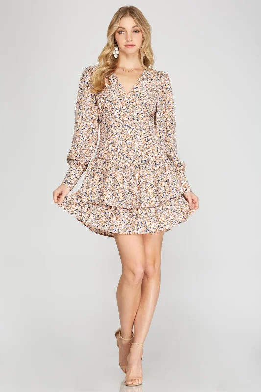 Luxury Women’s Clothing CREAM FLORAL PRINT BUTTON DOWN CUFF LONG SLEEVES MINI DRESS SS8703