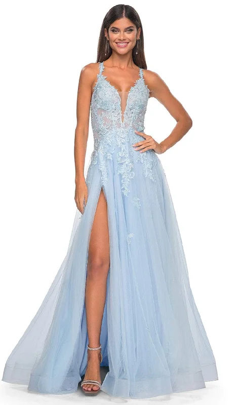 Women’s Casual and Dressy Outfits La Femme 32438 - Lace Applique Deep V-Neck Prom Gown