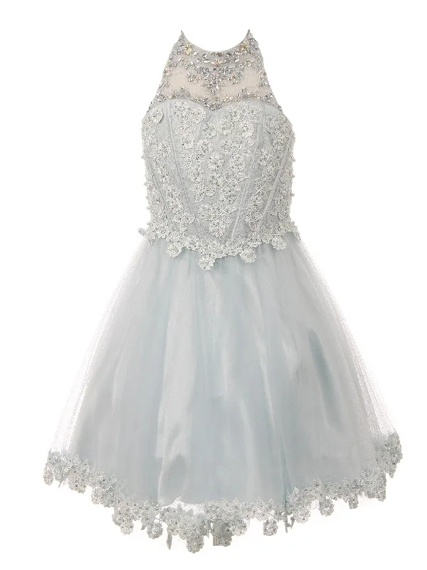 Latest Fashion for Women Little Girls Blue Halter Neck Rhinestone Sequin Flower Girl Dress 2-6