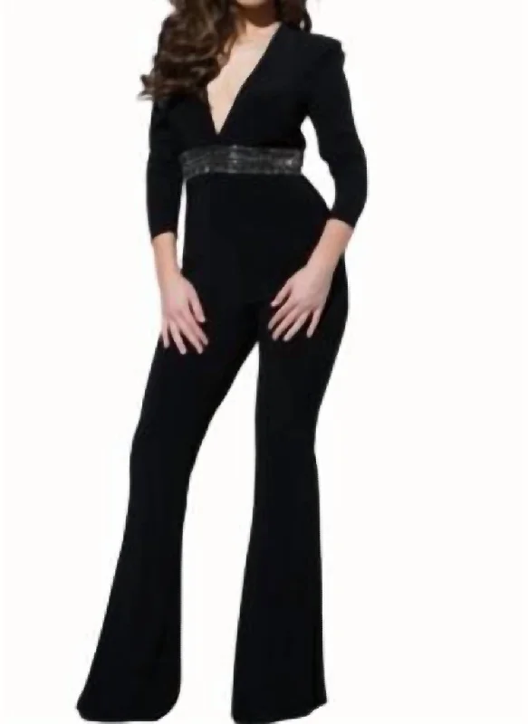 Fashion Forward Beaded Waistline Jumpsuit In Black