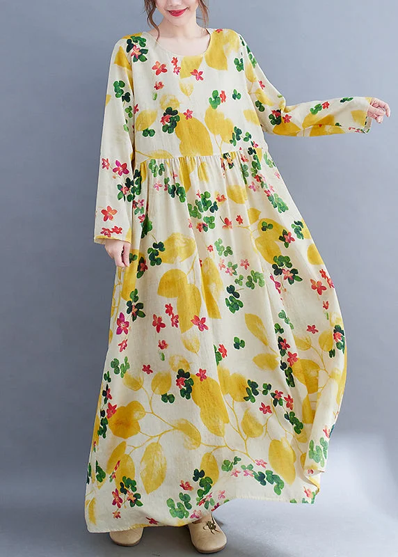 Chic And Edgy Boutique Yellow Floral O-Neck Cinched pockets Beach Dress Long Sleeve