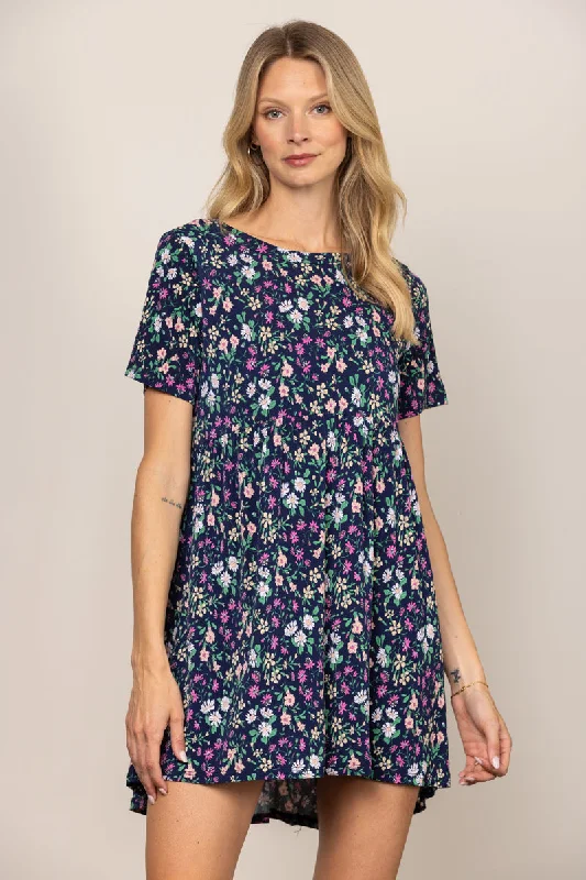 Must Haves NAVY DITSY FLORAL BABYDOLL SHORT SLEEVES MINI DRESS D5105