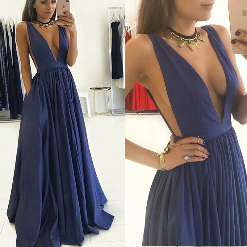 Women's Online Clothing Boutique Navy Blue Plunge Sexy V Neck Dresses 2018 Prom Long Girls Evening Party Gown Vestido De Festa