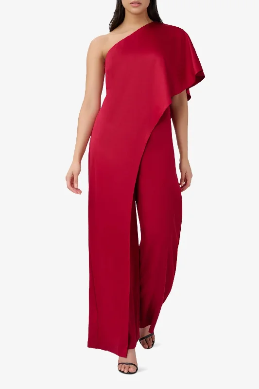 Final Sale Adrianna Papell AP1E210091 Asymmetric Short Sleeve Formal Wide Leg Jumpsuit