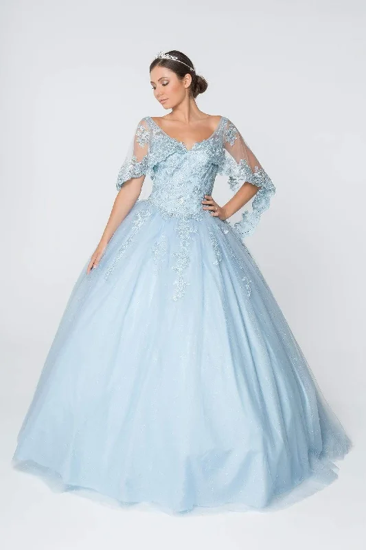 Fashion Forward, Function First Elizabeth K - GL2800 Sheer Cape Sleeve Appliqued Glitter Ballgown