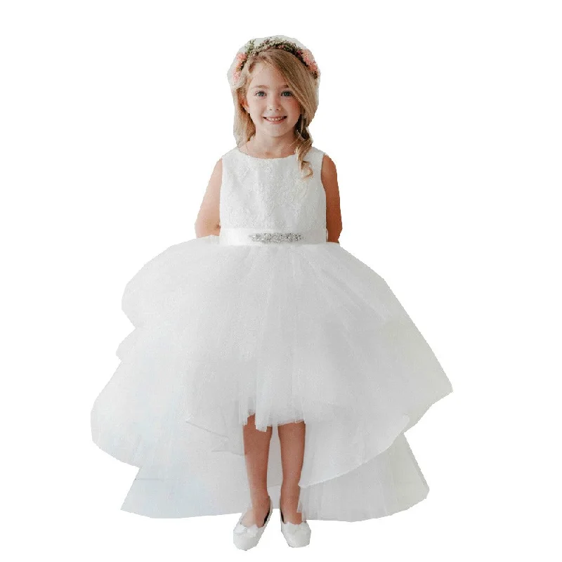 Effortless Style, Endless Impact Little Girls White Lace Bodice Beaded Sash Hi-Low Flower Girl Dress 2-6 Effortless Style, Endless Impact Little Girls White Lace Bodice Beaded Sash Hi-Low Flower Girl Dress 2-6