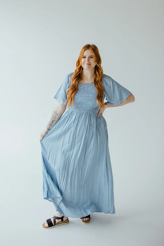 Women's High-Fashion Apparel SOLID SMOCKED BODICE DRESS IN FADED DENIM SHEEN