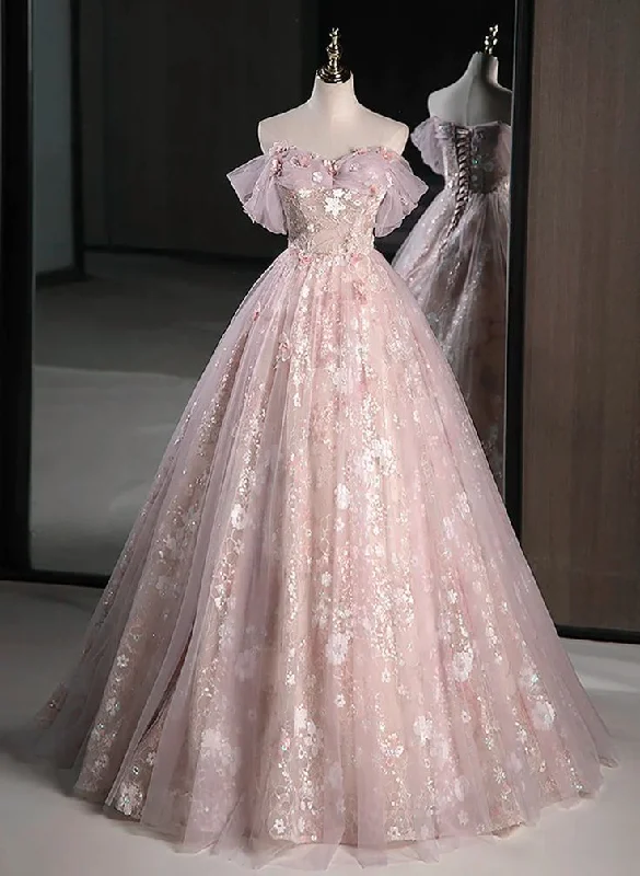 Exclusive Discounts Pink Off Shoulder A-Line Tulle Maxi Dress Floral Long Prom Dress MD7251 Exclusive Discounts Pink Off Shoulder A-Line Tulle Maxi Dress Floral Long Prom Dress MD7251