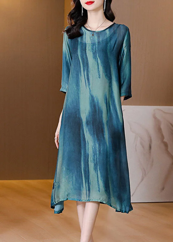 Women's Luxury Garments Plus Size Blue Oversized Tie Dye Silk A Line Dress Summer