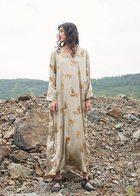 Women Apparel Italian Apricot V Neck Animal Print Silk Robe Dresses Fall
