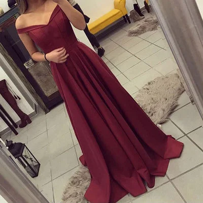 Chic Style Maroon Off the shoulder Full Skirt Prom Dresses Long Girls Formal Dresses 2018