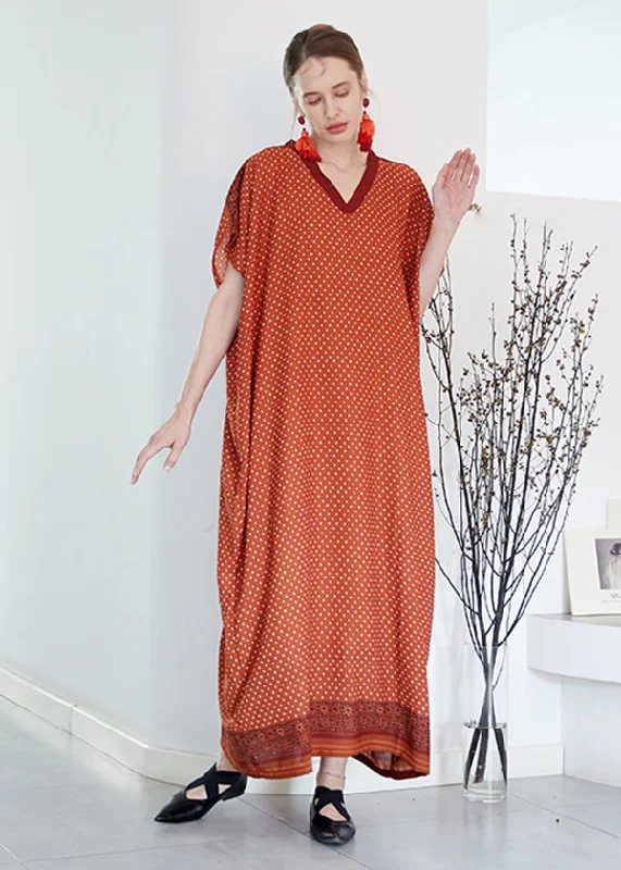 Modern Women's Apparel Plus Size Orange V Neck Print Chiffon Vacation Robe Dresses Summer Modern Women's Apparel Plus Size Orange V Neck Print Chiffon Vacation Robe Dresses Summer