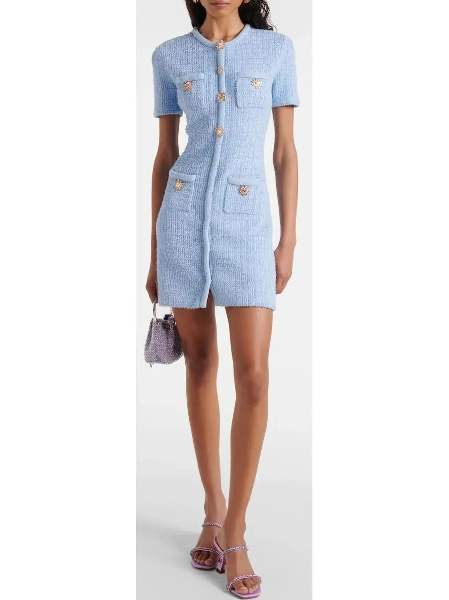 Casual Chic Light Blue Jewel-Button Knit Mini Dress