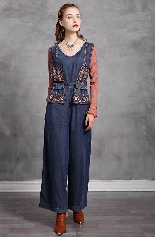 Chic Casual Style Sleeveless Wide Leg Embroidered Jumpsuit