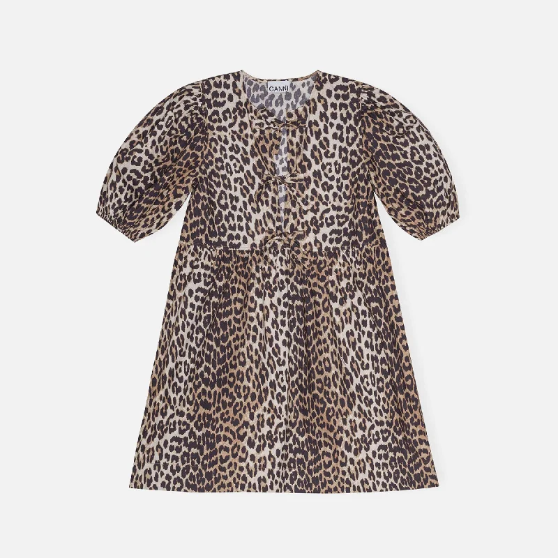 Season Appropriate Women's Collection Ganni Printed Cotton Tie String Mini Dress - Leopard