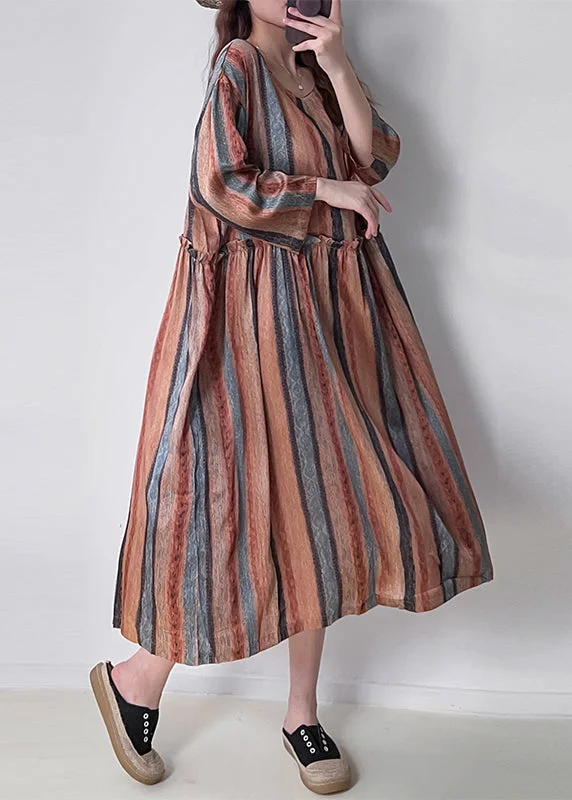 Women's Outerwear Garments Casual Orange Ruffled Striped Silk Holiday Dress Fall