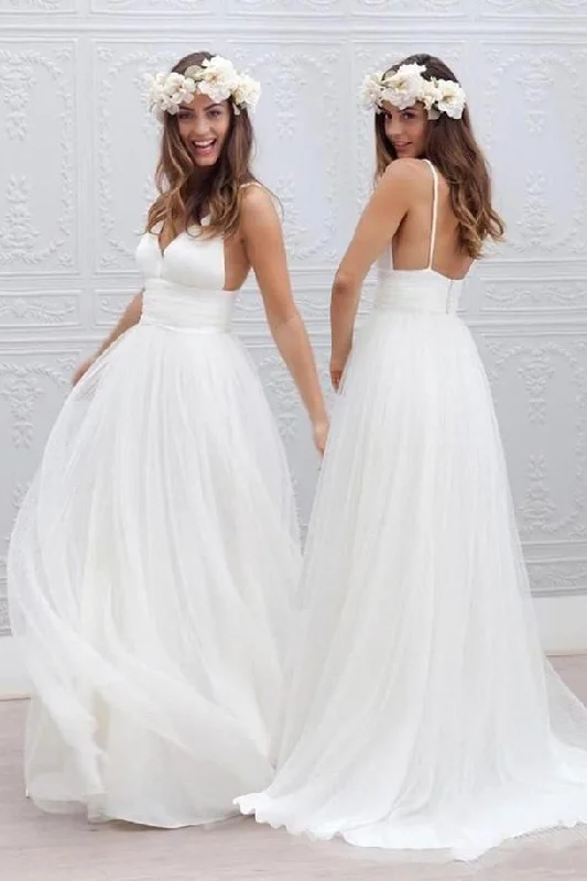 Trend Driven Wardrobe Roycebridal White Tulle V neck Spaghetti Straps Backless Simple Beach Wedding Dresses, MW188