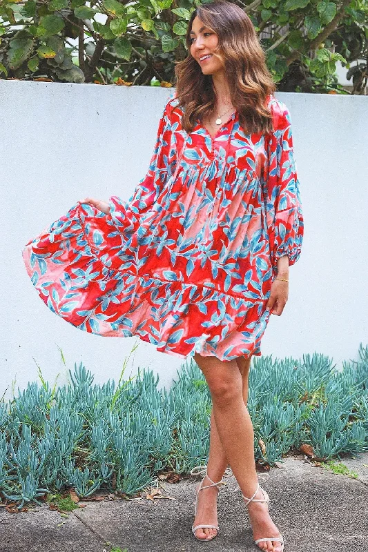 Casual Chic Aqua Coral Floral Bohemian Dress