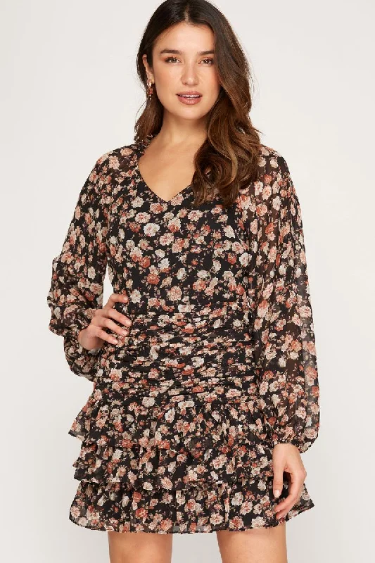 Classic Women’s Clothing Styles BLACK FLORAL PRINT LONG RAGLAN SLEEVES RUFFLED MINI DRESS SS7690