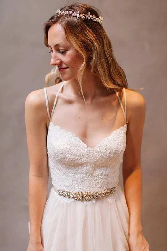 Everyday Wear Roycebridal Simple Spaghetti Straps A-Line Tulle Open Back Wedding Dresses online, MW253