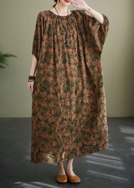 Comfort Meets Fashion Chic Floral O Neck Wrinkled Patchwork Cotton Long Dresses Lantern Sleeve