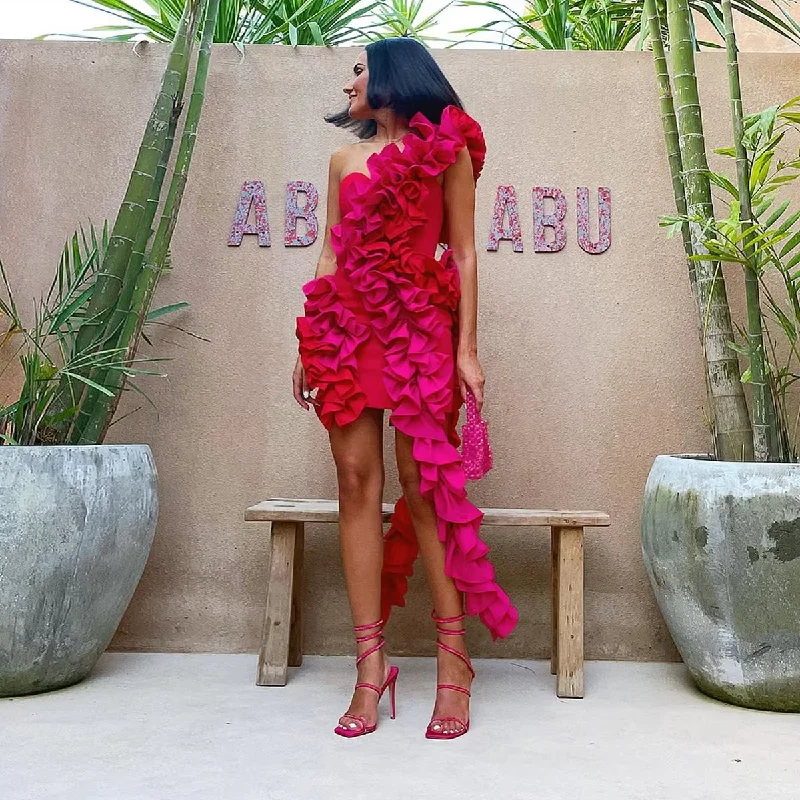 New Arrival Discounts Dream Ruffles Mini Dress One Shoulder Strips Short Prom Party Dresses Red Fuchsia Birthday Dress New Arrival Discounts Dream Ruffles Mini Dress One Shoulder Strips Short Prom Party Dresses Red Fuchsia Birthday Dress