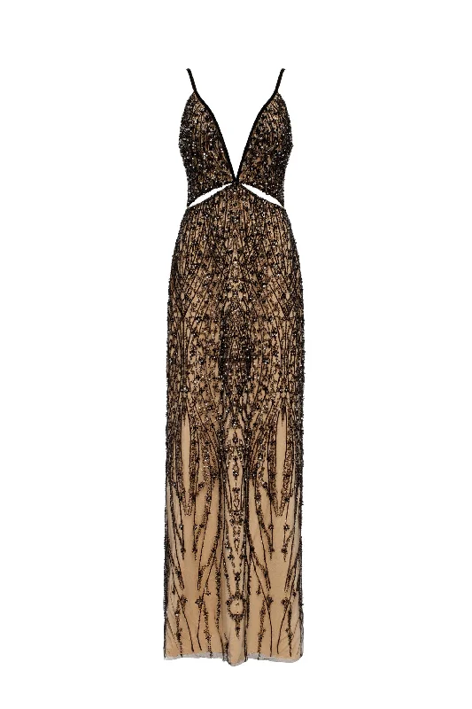 Trendy Street Style Clothing Gala-worthy beige maxi dress covered in black sequined ornament, Smoky Quartz