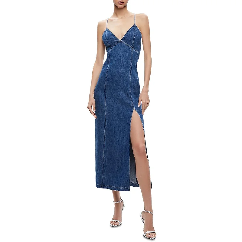 Trendy Women's Wear Collection Alice and Olivia Womens Julietta Denim Long Maxi Dress