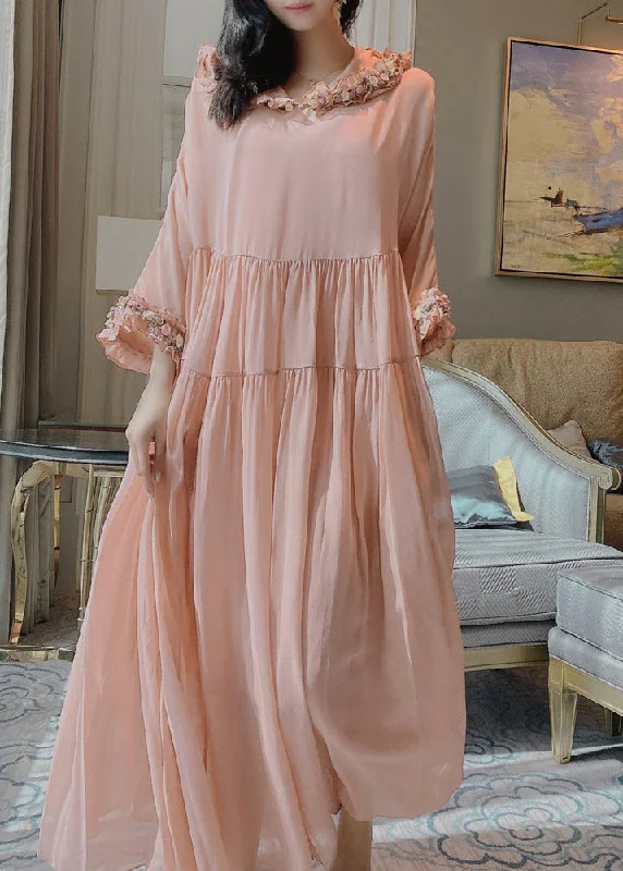 Fashion Sale Simple Pink Floral Wrinkled Hoold Silk Maxi Dresses Flare Sleeve