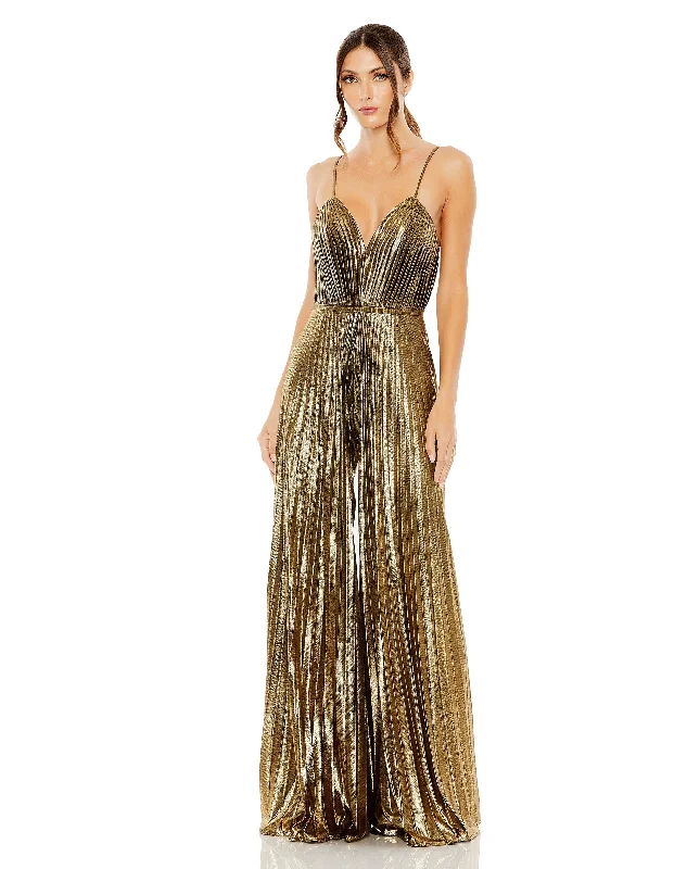 Unleash Your Fashion Mac Duggal 27143 Metallic Pleated Long Jumpsuit