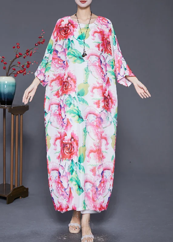 Discount Store Plus Size Pink Oversized Floral Print Cotton Dress Batwing Sleeve