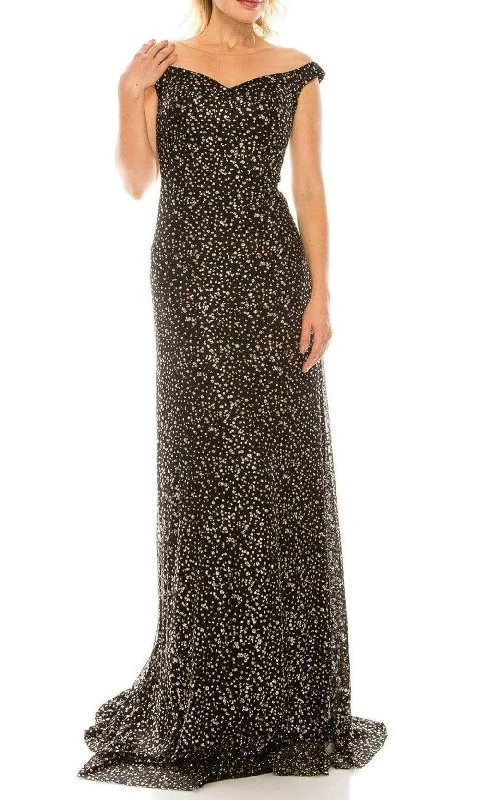 Women’s High Street Fashion Odrella - 4757 Illusion Off Shoulder Glitter Mesh A-Line Gown