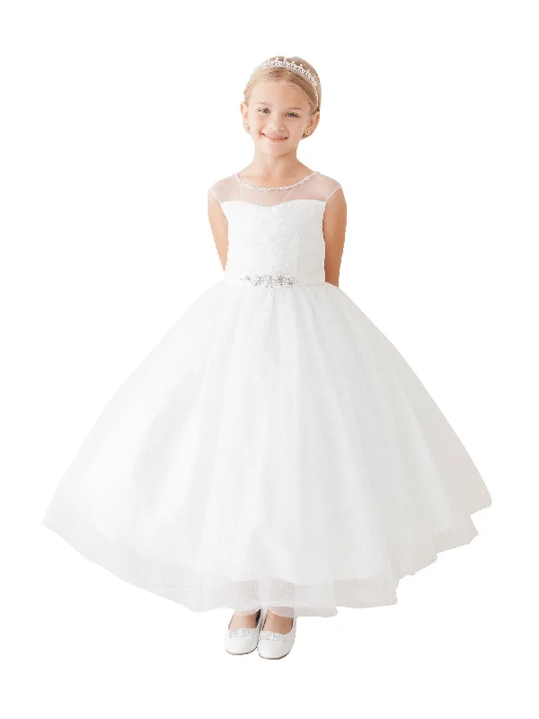 Runway Inspired Wear Little Girls White Illusion Neck Beaded Lace Belted Flower Girl Dress 2-6 Runway Inspired Wear Little Girls White Illusion Neck Beaded Lace Belted Flower Girl Dress 2-6