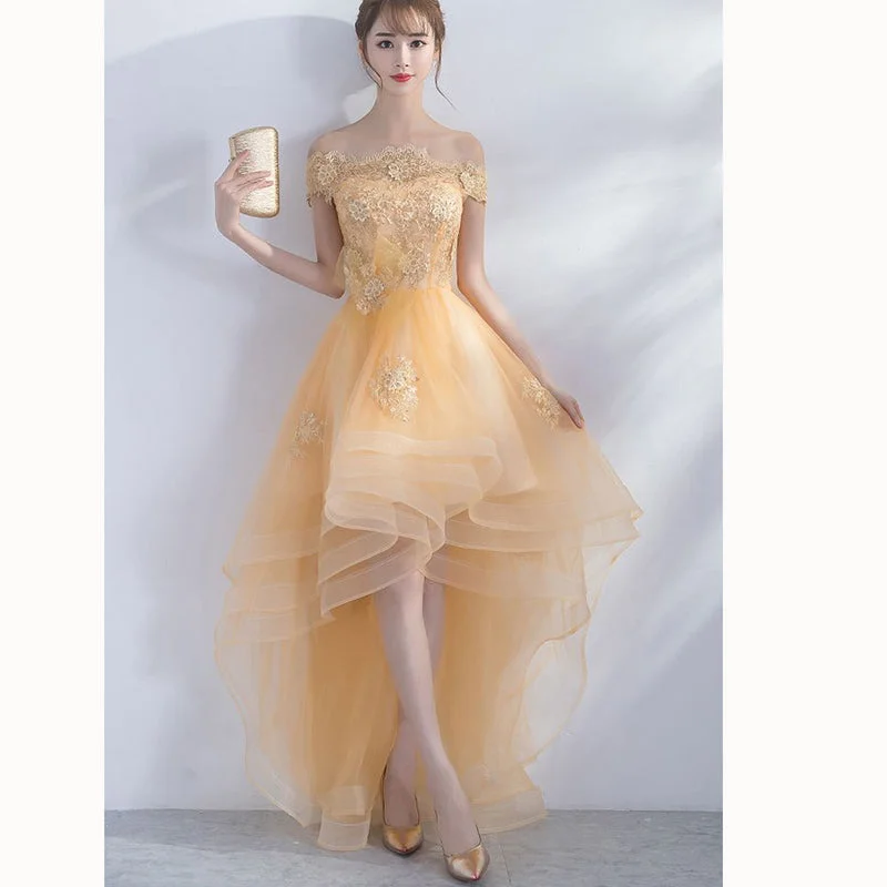 VIP Member Discount Dreamy Yellow Lace short Sleeves High Low Prom Dresses Girls Graduation Gown with