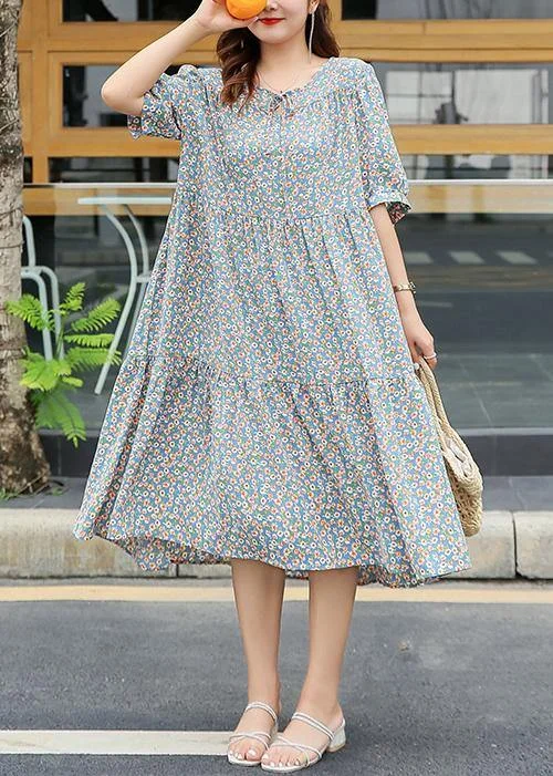 Elevate Your Wardrobe Chic light blue floral cotton Wardrobes ruffles hem Dresses summer Dresses