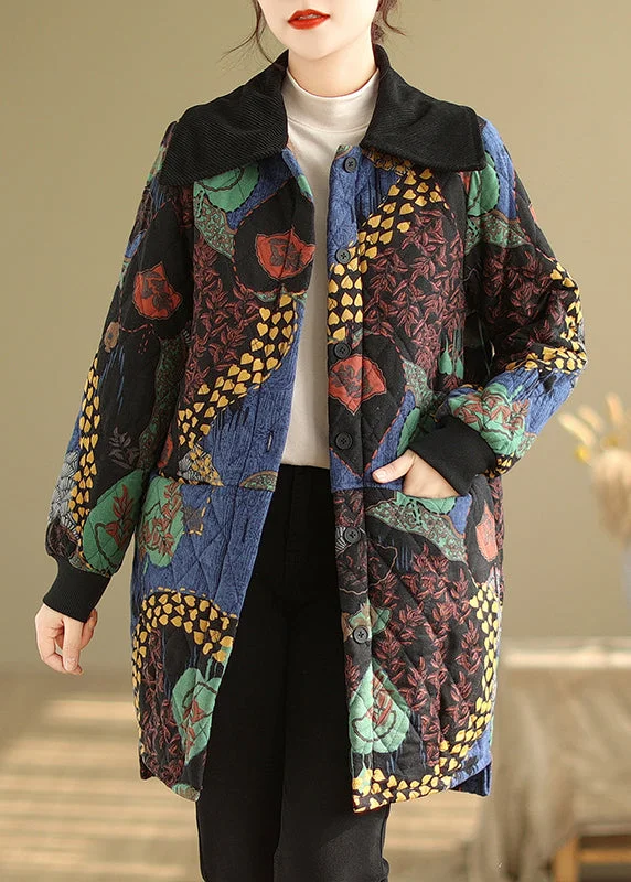 Fashion Essentials Boho Floral Pockets Thick Warm Fine Cotton Filled Coat Winter